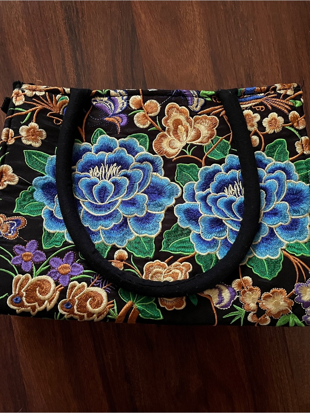 Embroidered Floral Tote Bag in Blue, Green and Black
